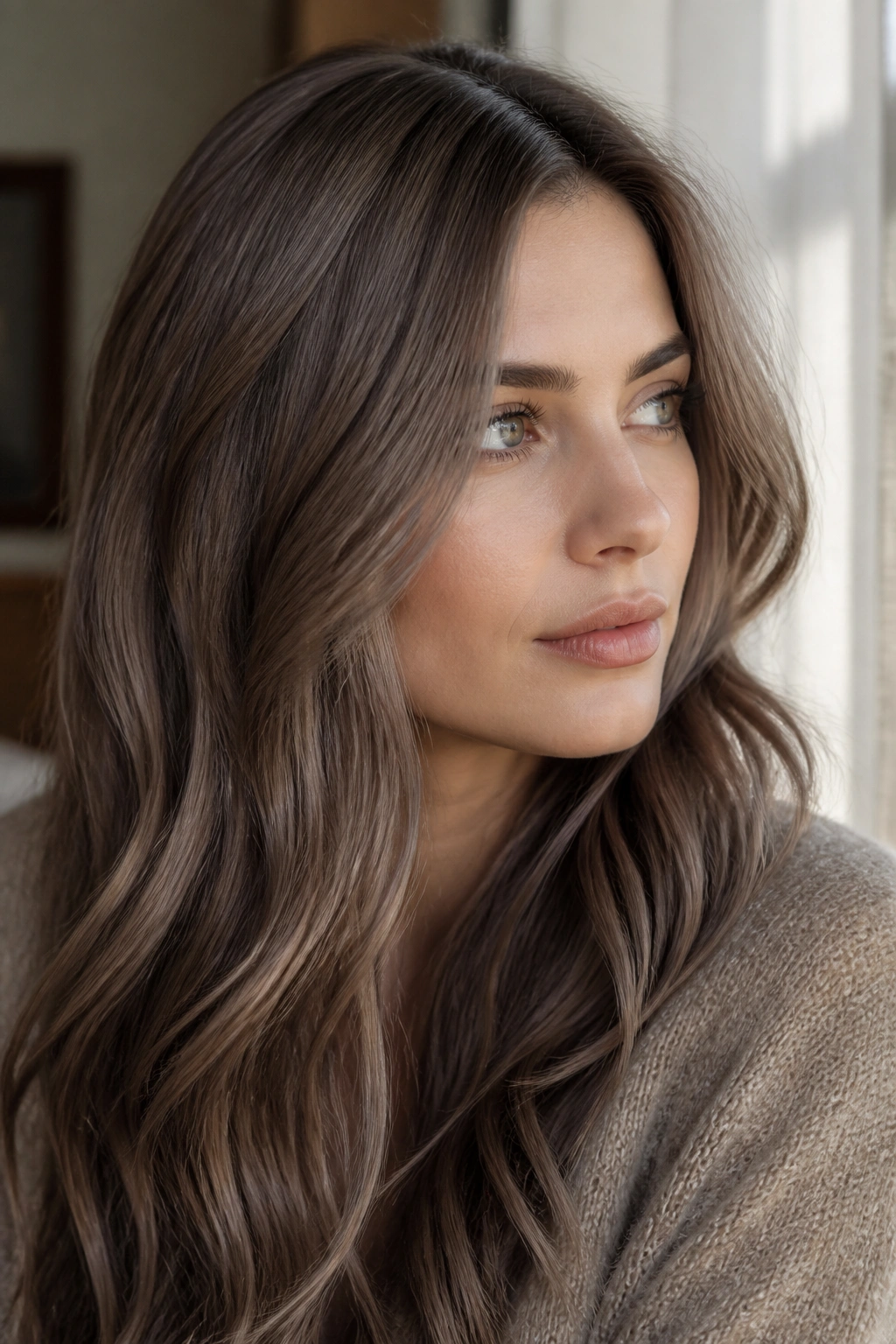 Close-up of soft taupe brown hair on a real person