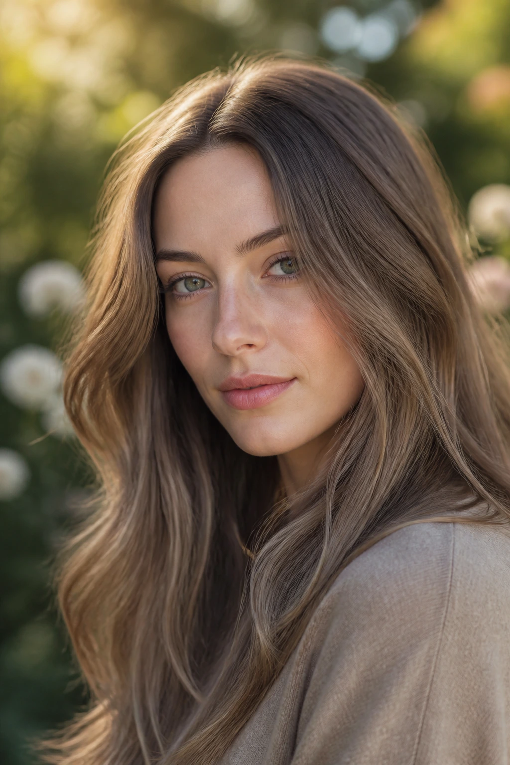 Real woman with soft taupe brown hair outdoors in golden hour light