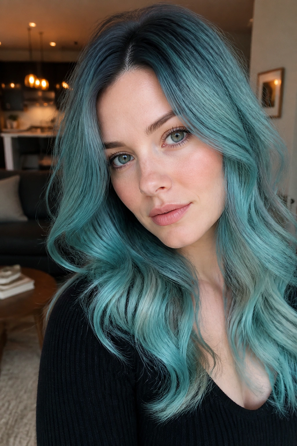 Close-up portrait of a real woman with soft teal haze and shadow root in cool-toned hair