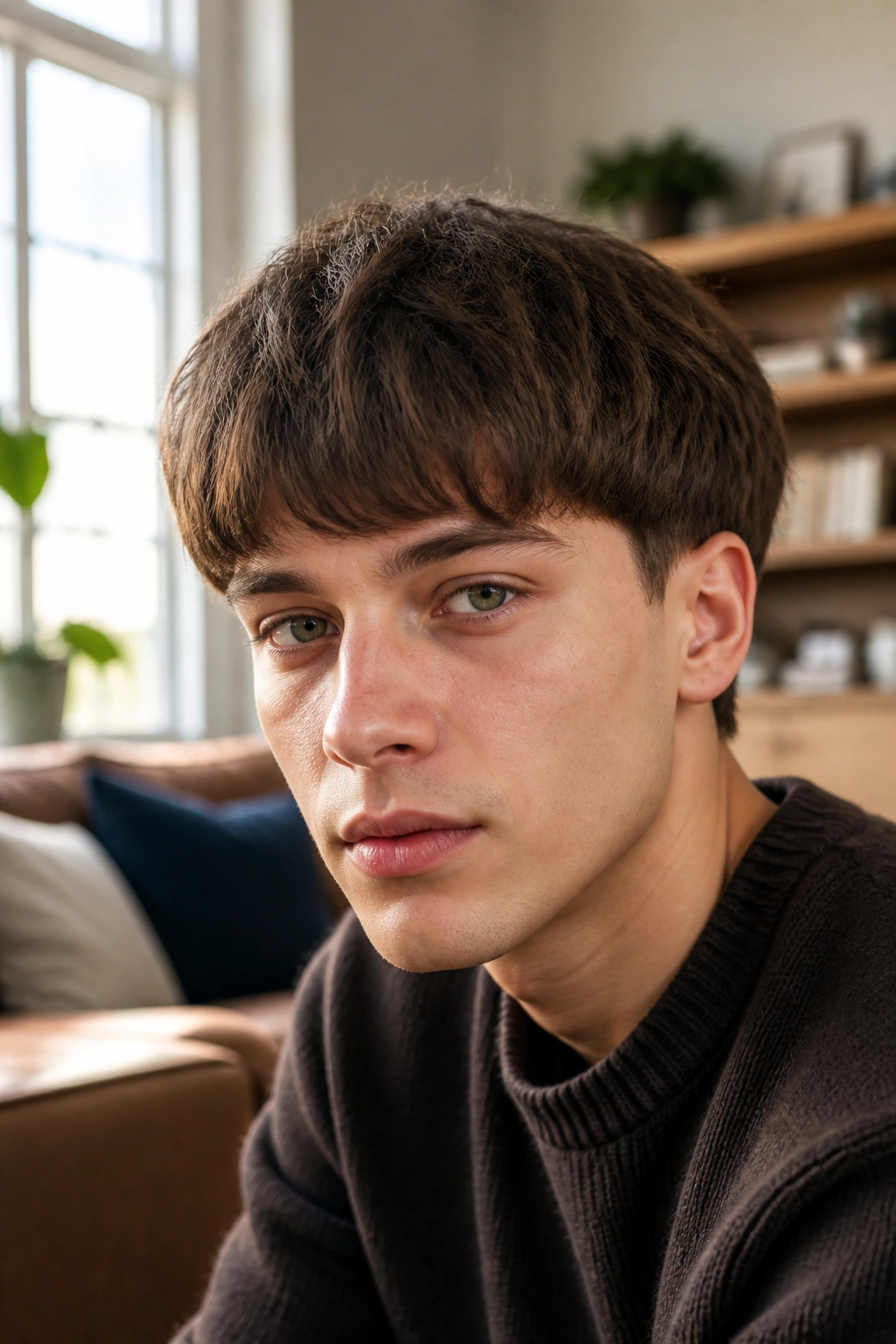 Close-up portrait of a real person with a softly textured bowl cut.