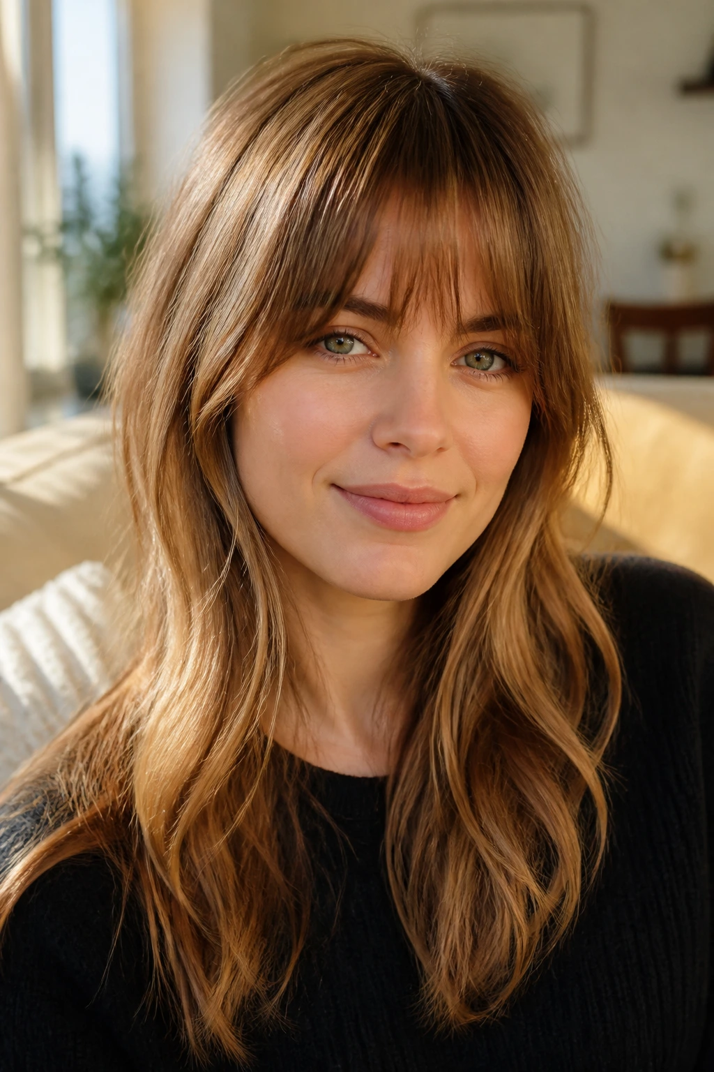 Close-up of real woman with soft textured fringe in cozy daylight