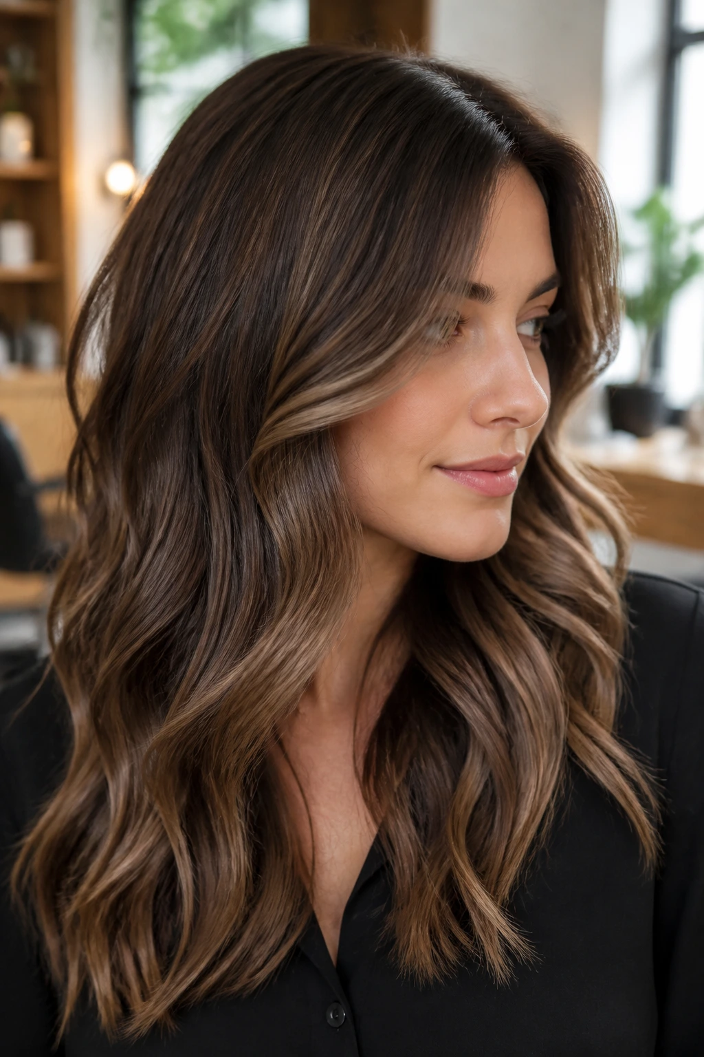 Close-up of brunette with soft truffle highlights for cool undertones in salon lighting