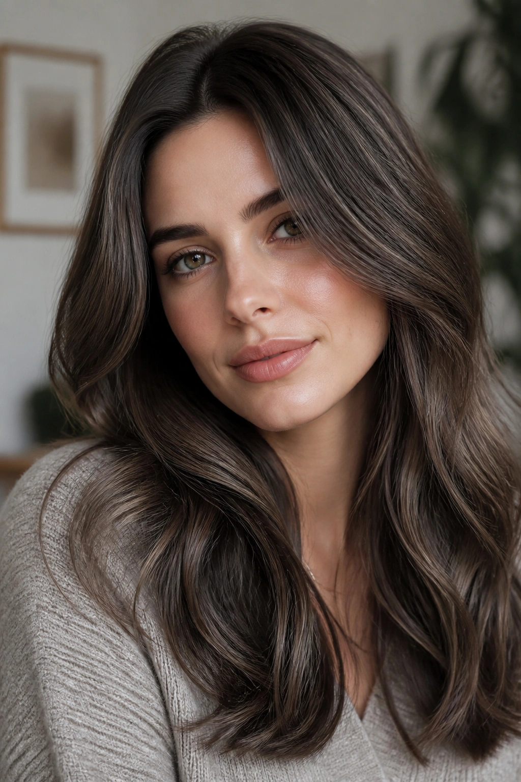 Close-up of a real woman with soft truffle mocha for a neutral-cool brunette finish