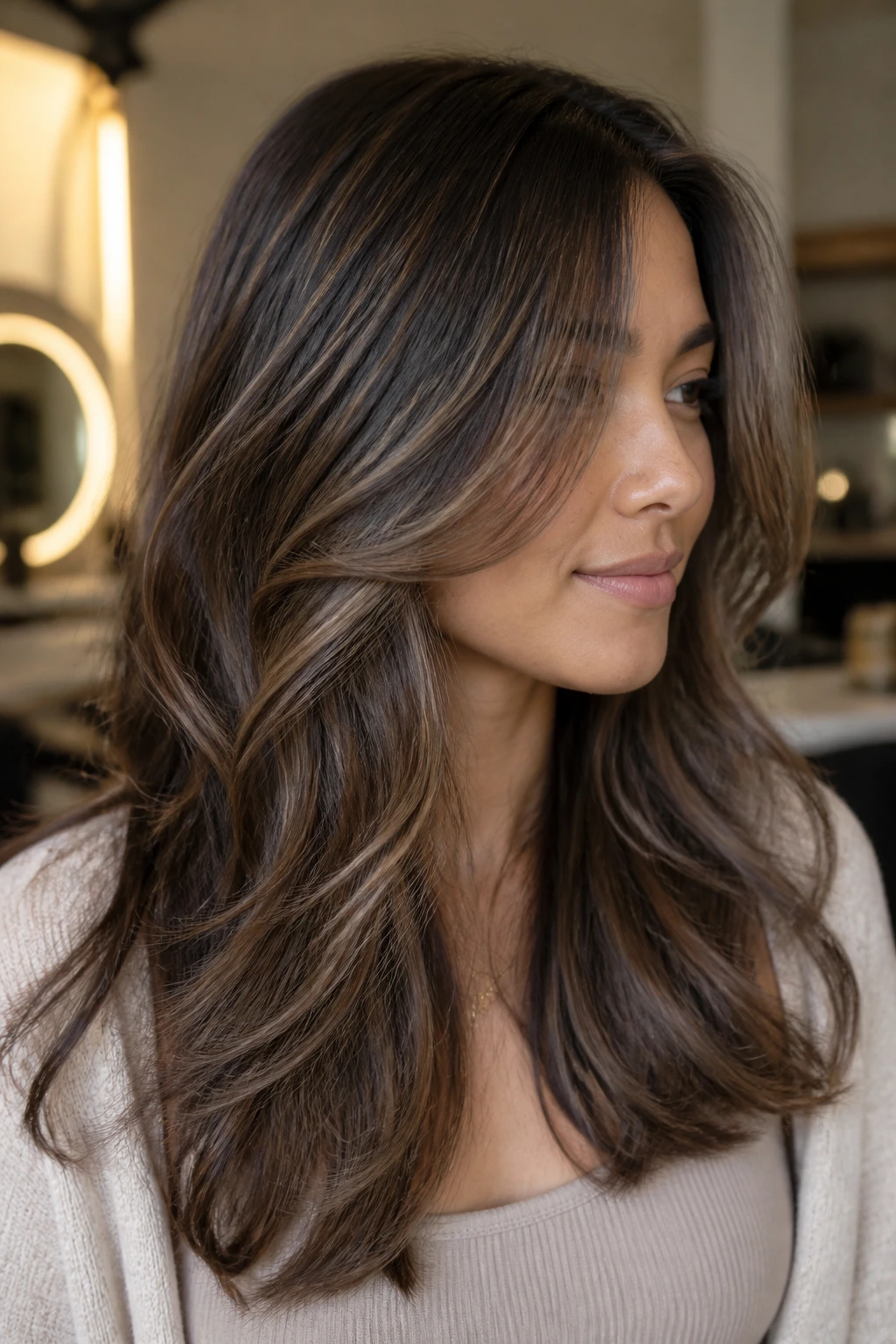 Portrait of a woman with soft truffle brown ribboning in hair