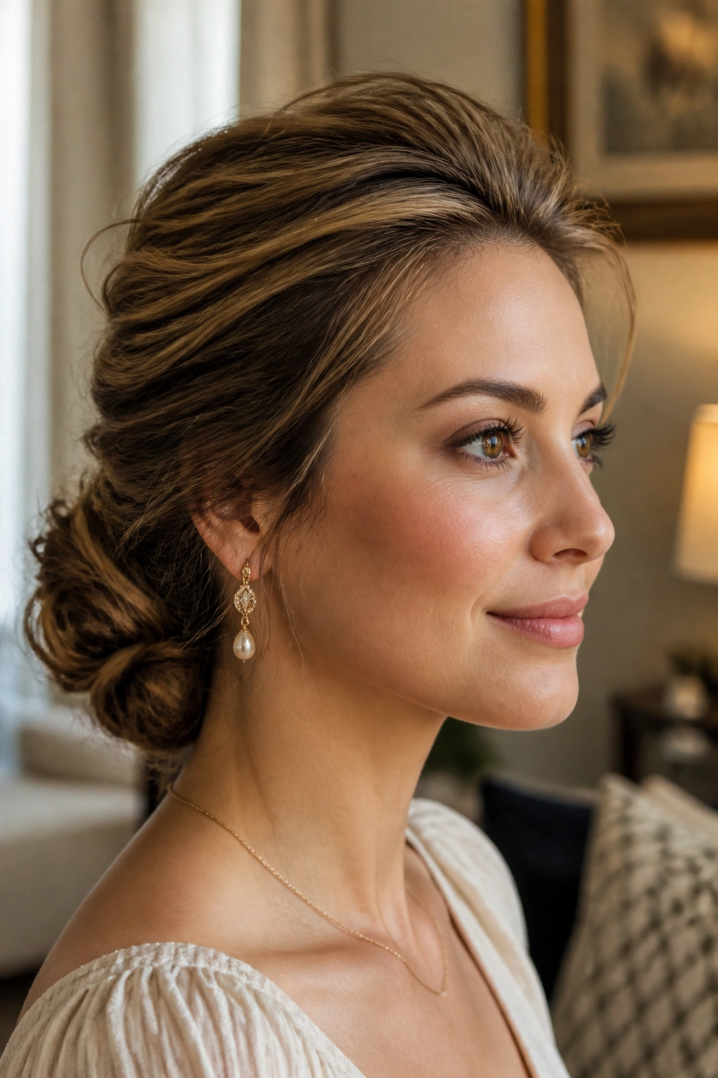 Close-up of real person with soft tucked roll updo and airy crown