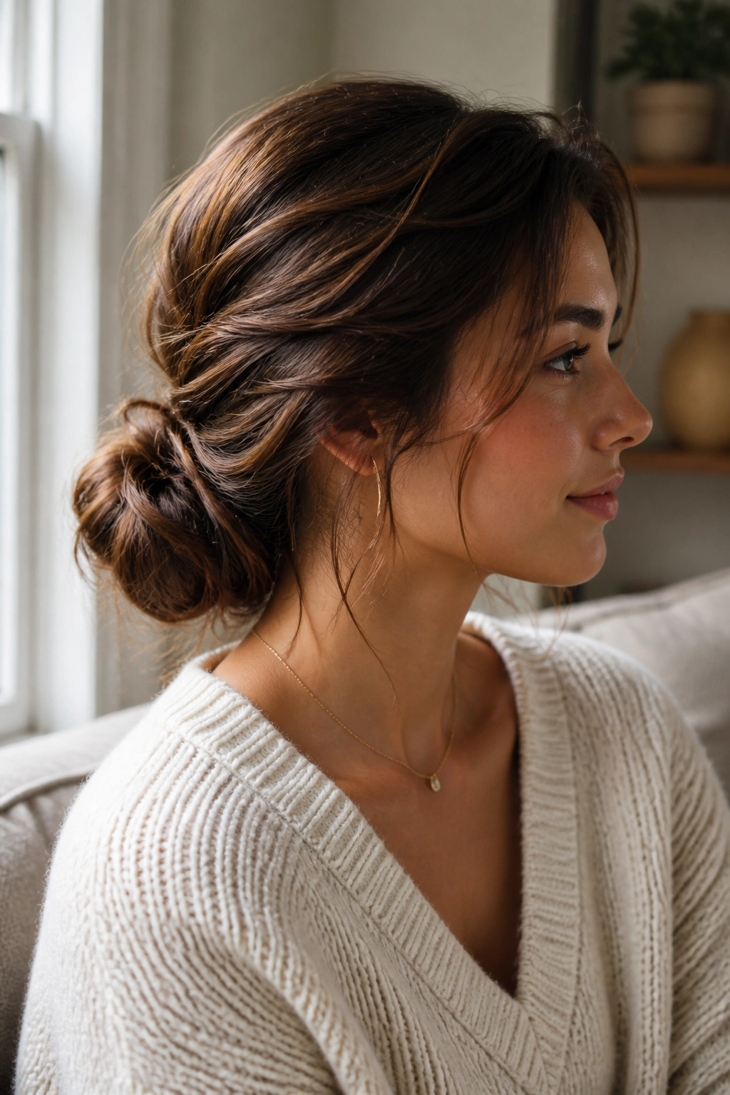 Close-up of a real woman with a soft twisted low bun