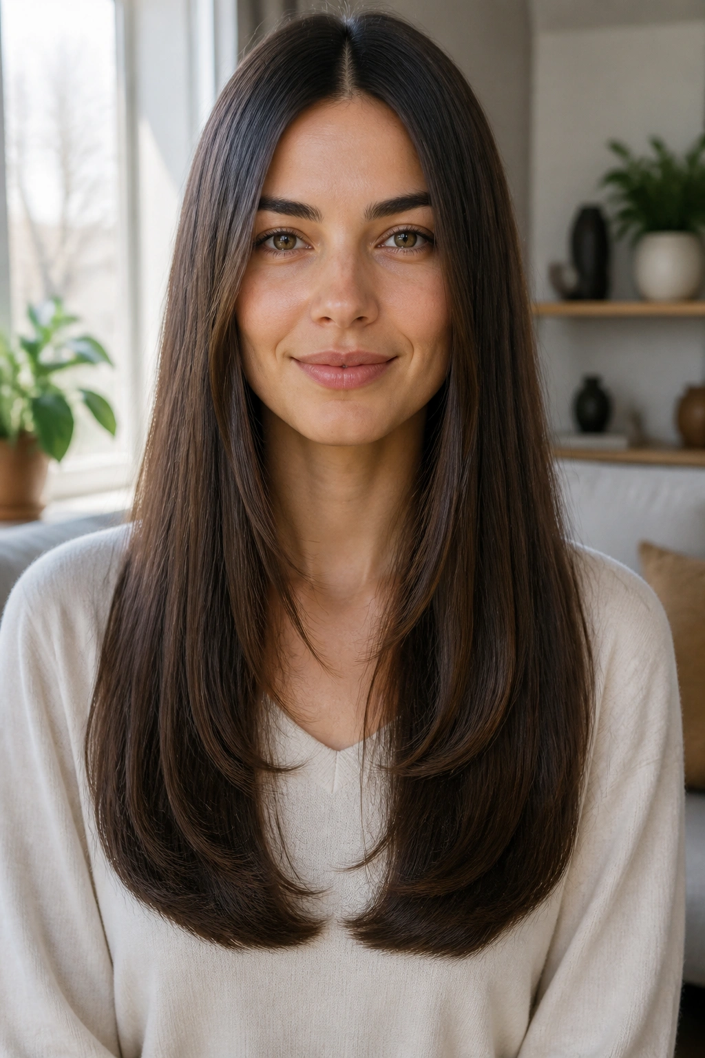Close-up of real woman with soft U-shaped ends on long hair