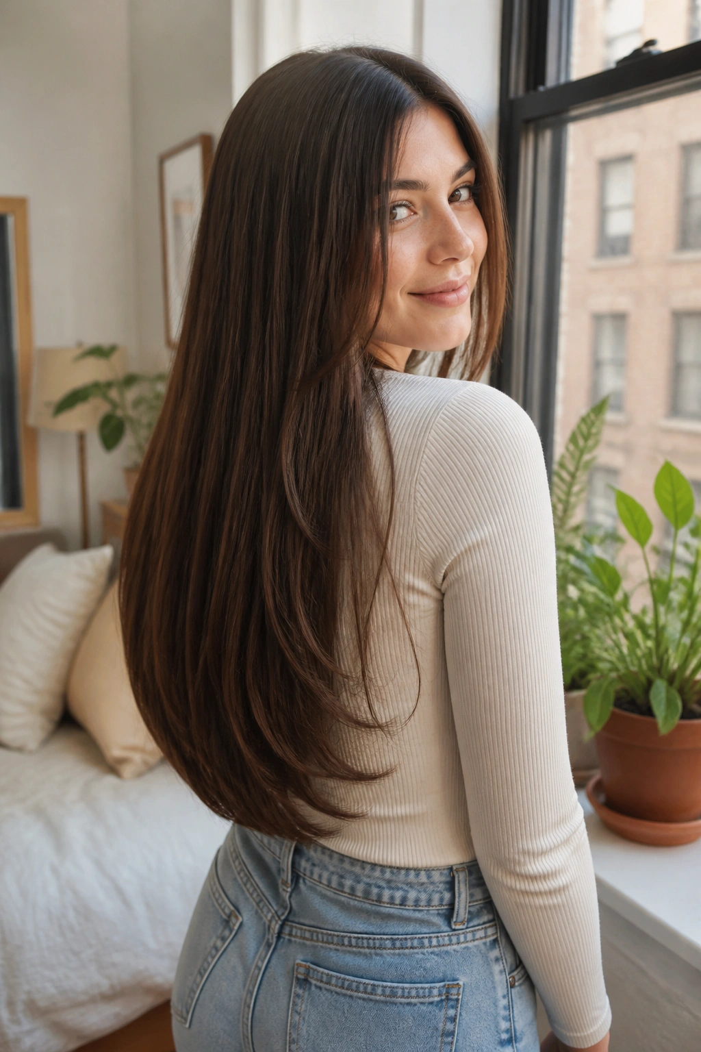 Close-up of a real woman with a soft U-shaped haircut in a gentle back curve
