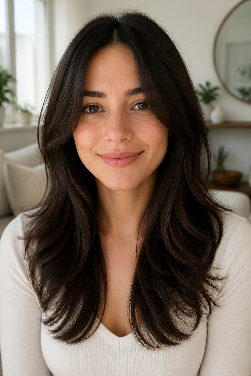 Real woman with a soft U-shaped haircut and wispy ends.