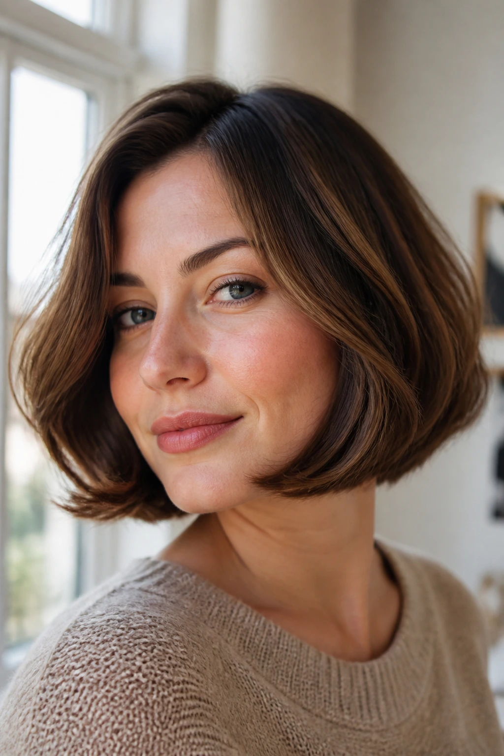 Real woman with soft U-shaped bob and curved ends in natural window light