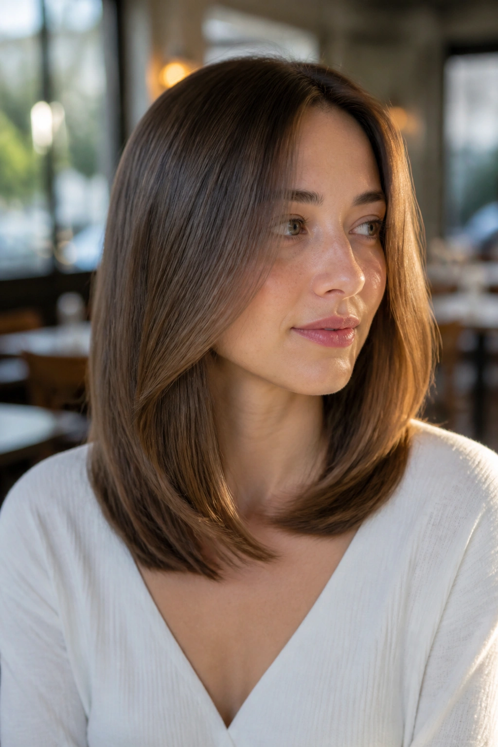 Portrait of a woman with a soft U-shaped cut, gentle curve at the ends.