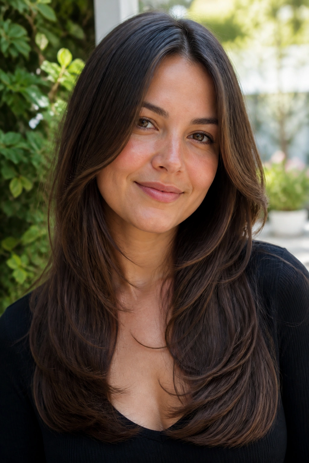 Portrait of a woman with a soft U-shaped haircut.