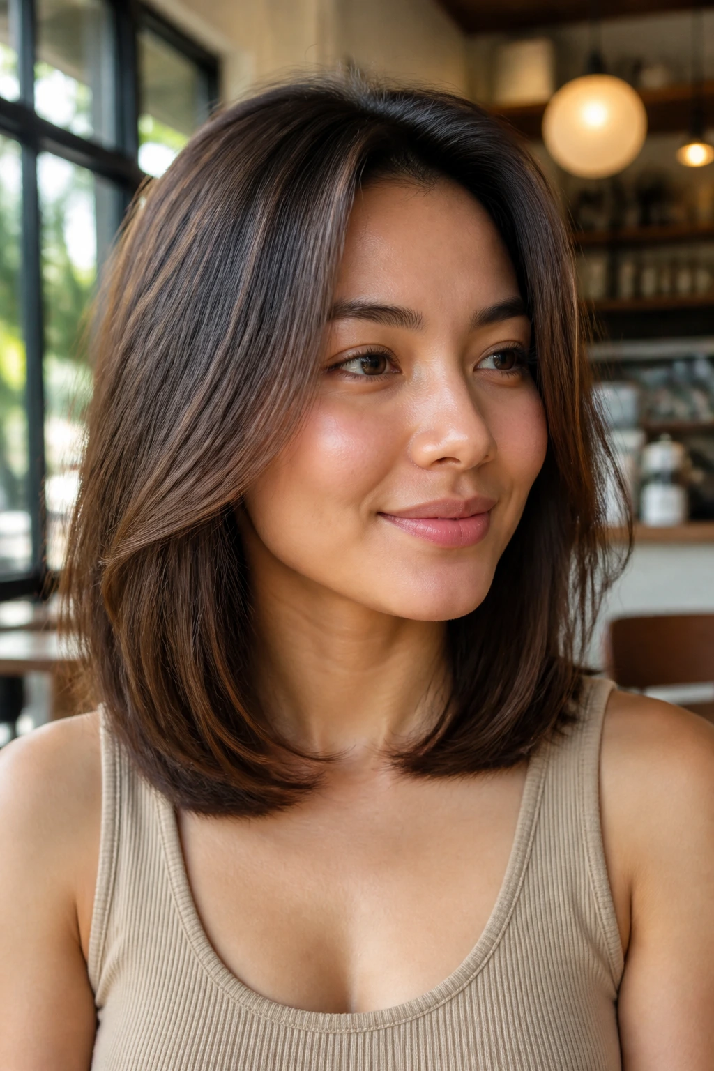 Real woman with soft U-shaped shoulder-length cut in a sunlit cafe