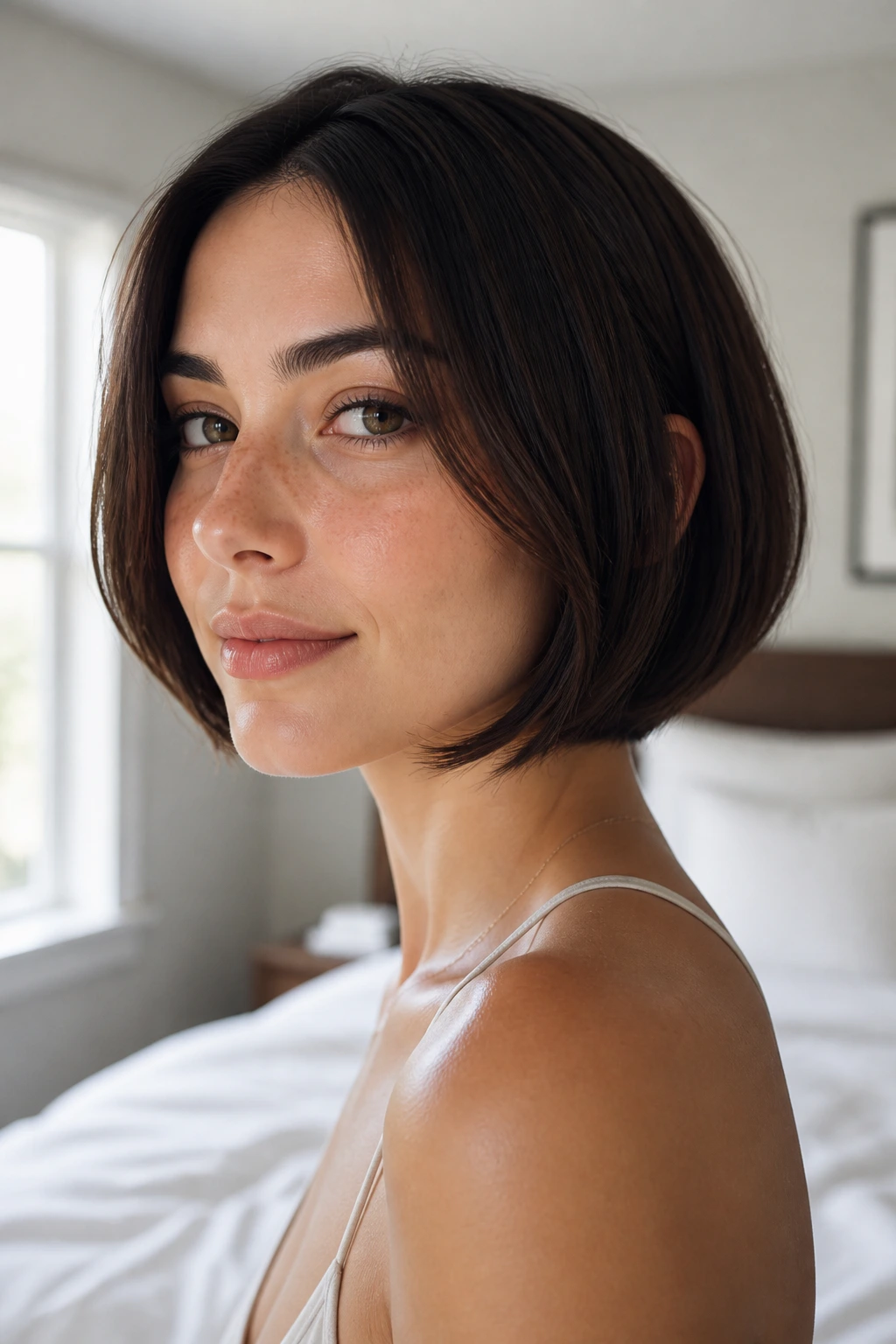 Close-up portrait of a real woman with a soft underbeveled bob