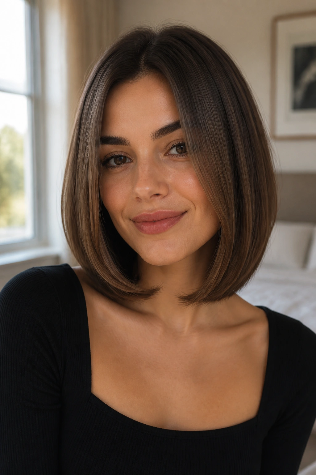 Real woman with a soft undercurve lob in natural window light