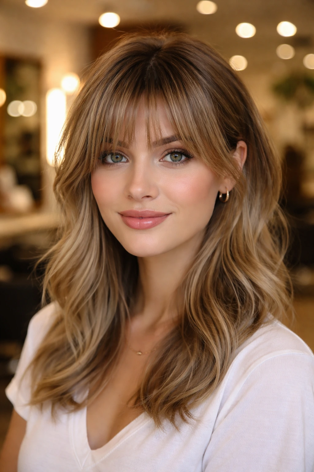 Close-up of soft undercut bangs on a real person in a salon setting