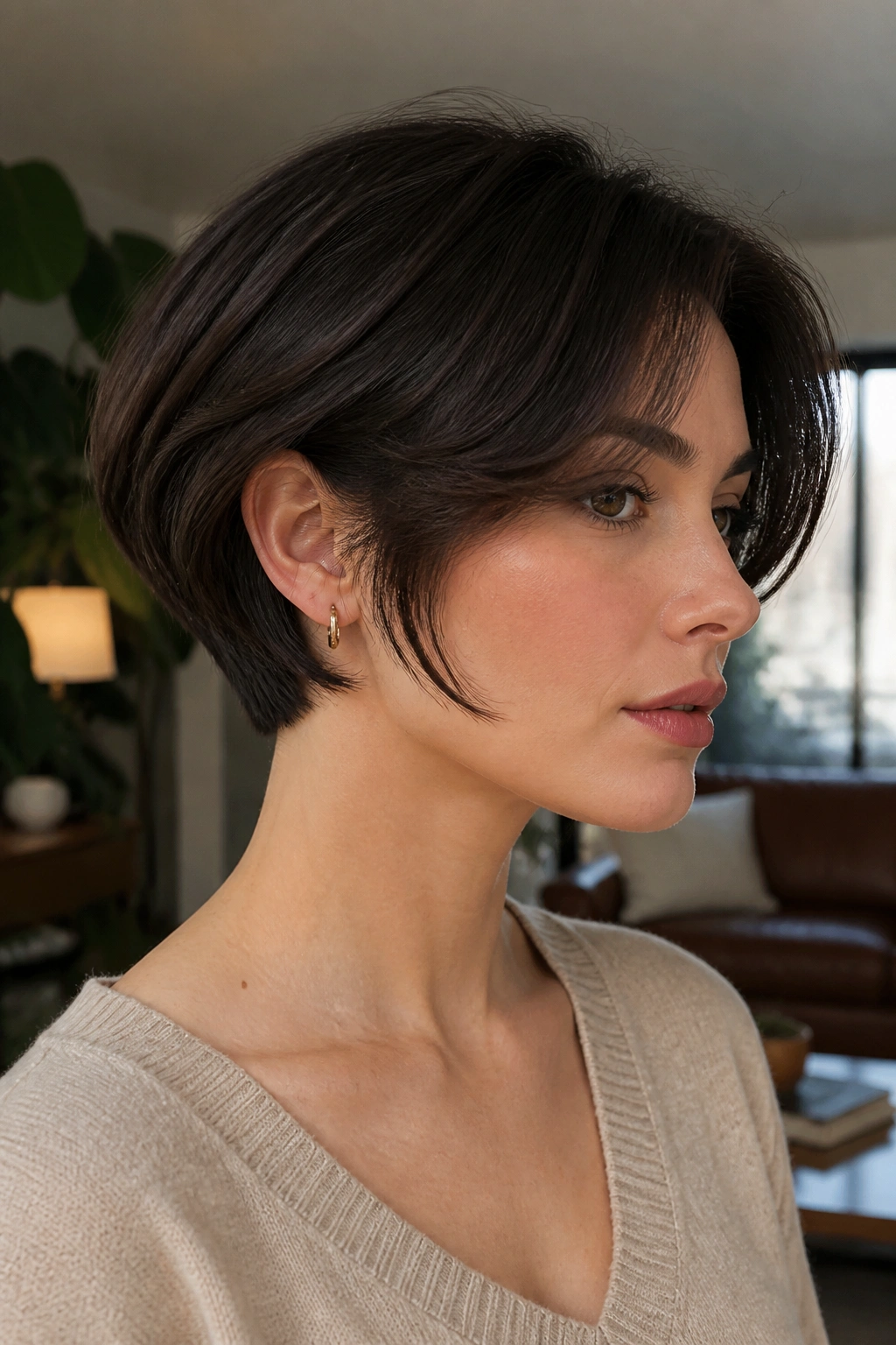 Real woman with soft undercut bob in cozy living room lighting