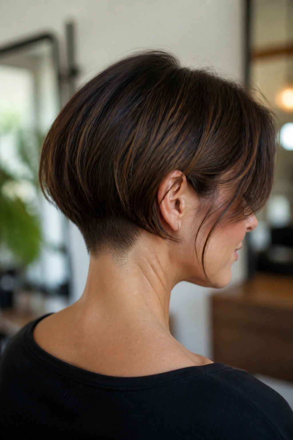 Close-up portrait of a real woman with Soft Undercut Bob at the nape