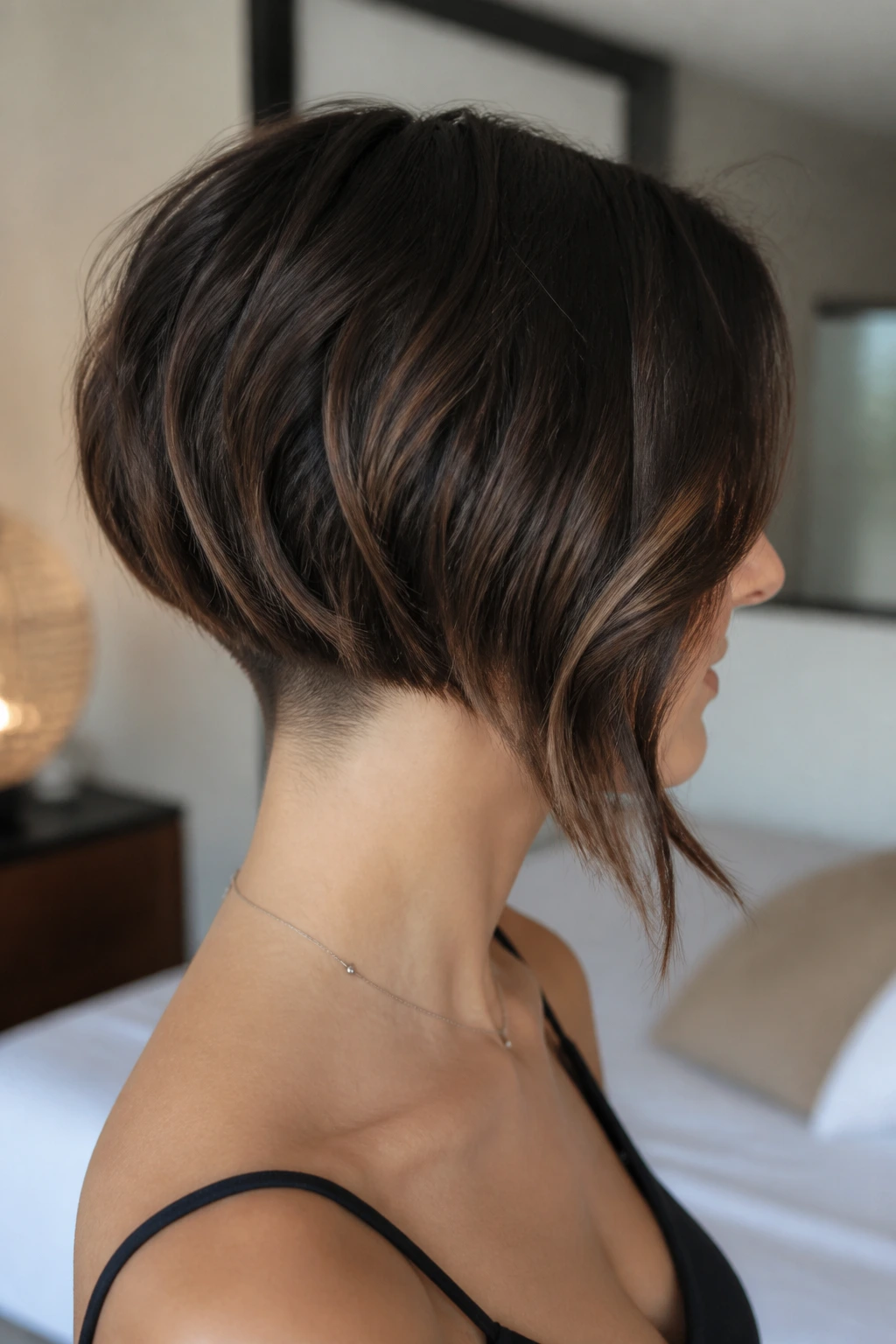 Close-up portrait of a woman with a soft undercut bob in natural light.