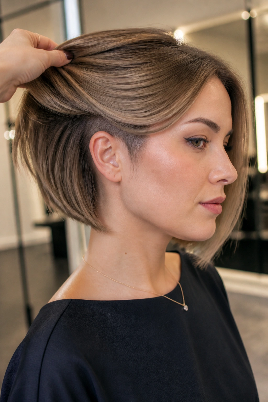 Portrait of a real woman with a soft undercut bob and polished top layer