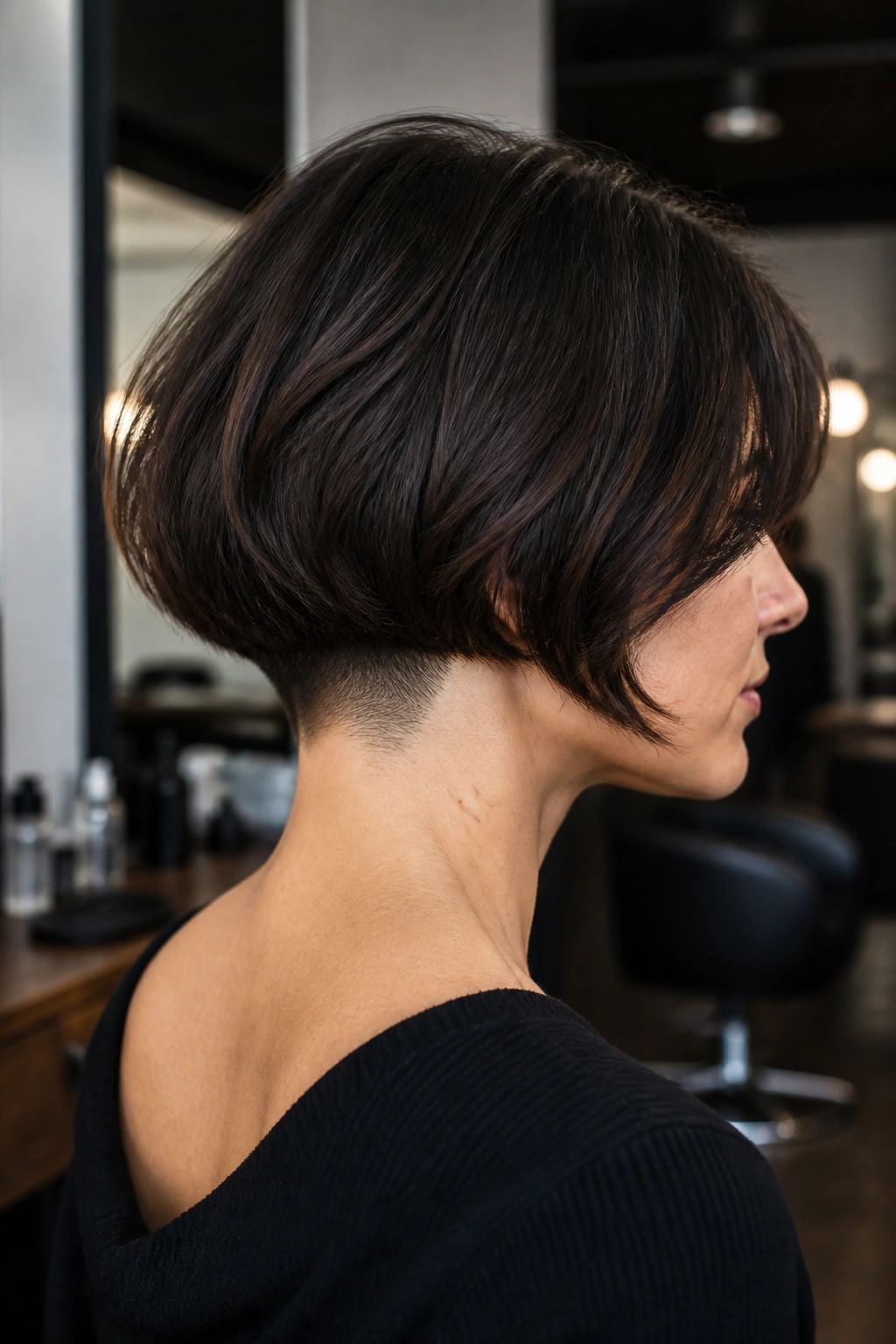 Close-up portrait of a real woman with a soft undercut French bob baring a subtle undercut under the hair.