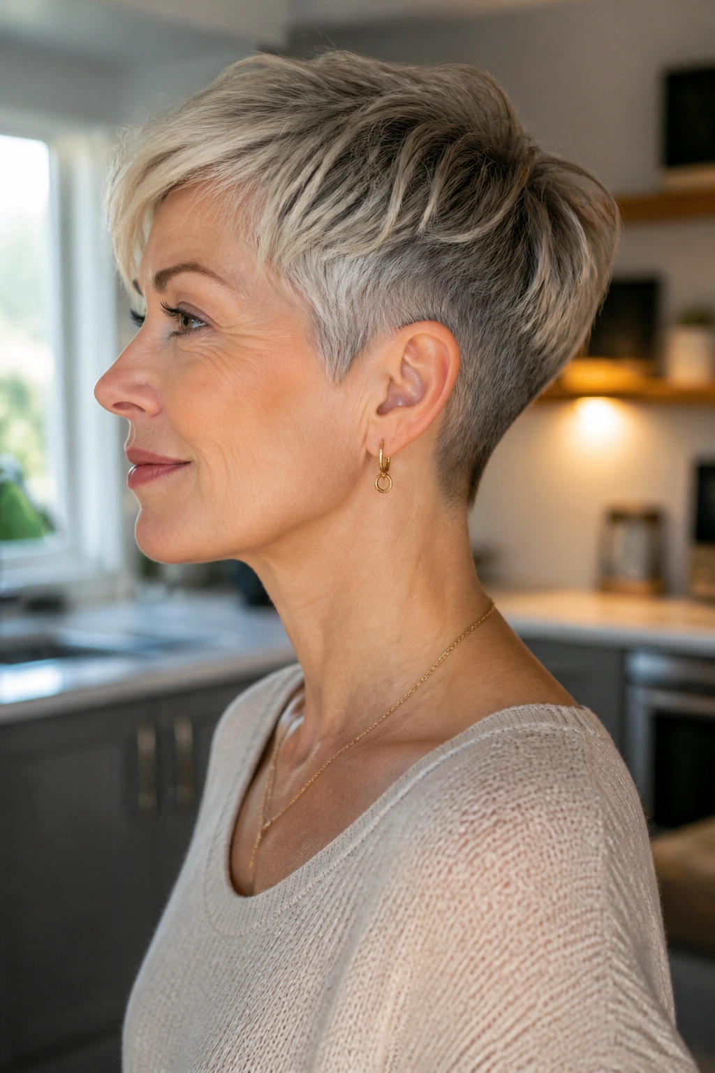 Side profile of a woman with a soft undercut pixie showing hidden undercut at nape