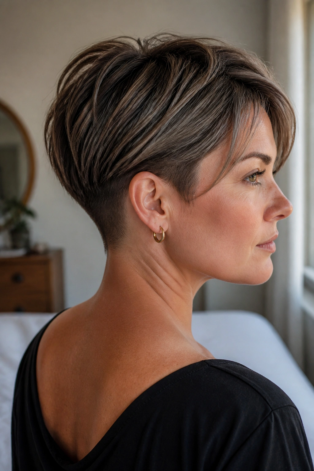 Close-up of a real woman with subtle undercut at the nape of the pixie.