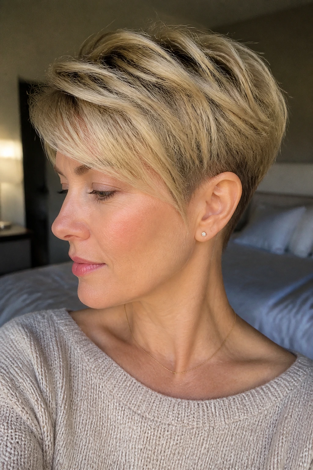 Close-up portrait of a real woman with a soft undercut pixie in buttery blonde