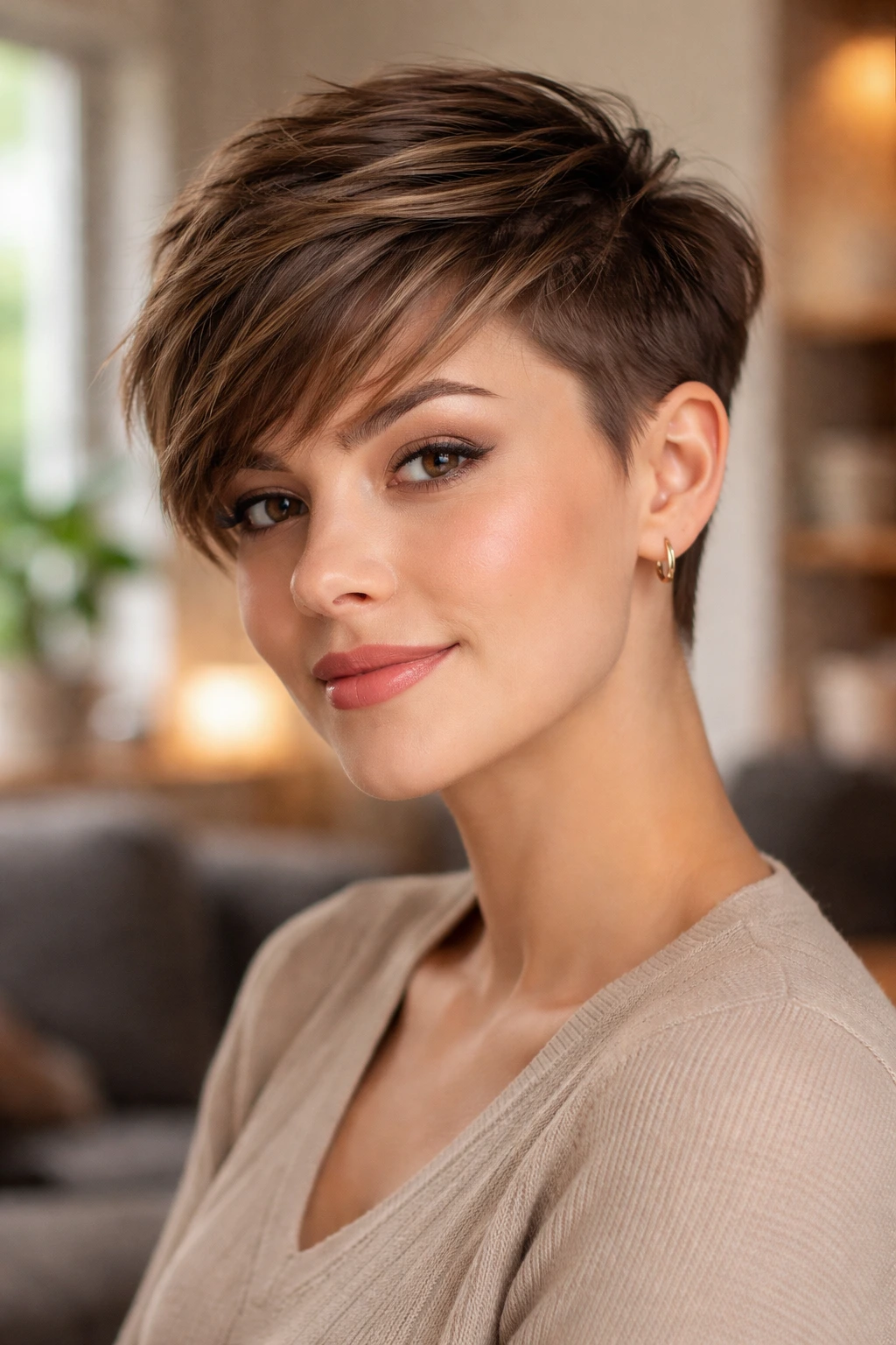 Close-up portrait of a real woman with a soft undercut pixie, sides shaved and top textured.