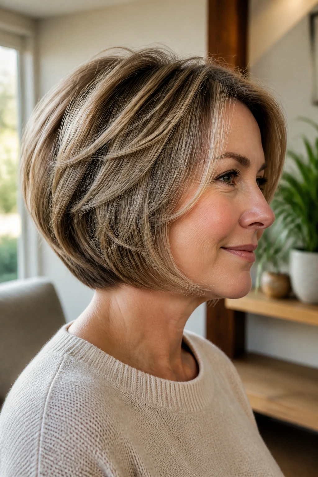 Close-up of real woman with soft underlayers in stacked bob giving extra bounce, natural light.