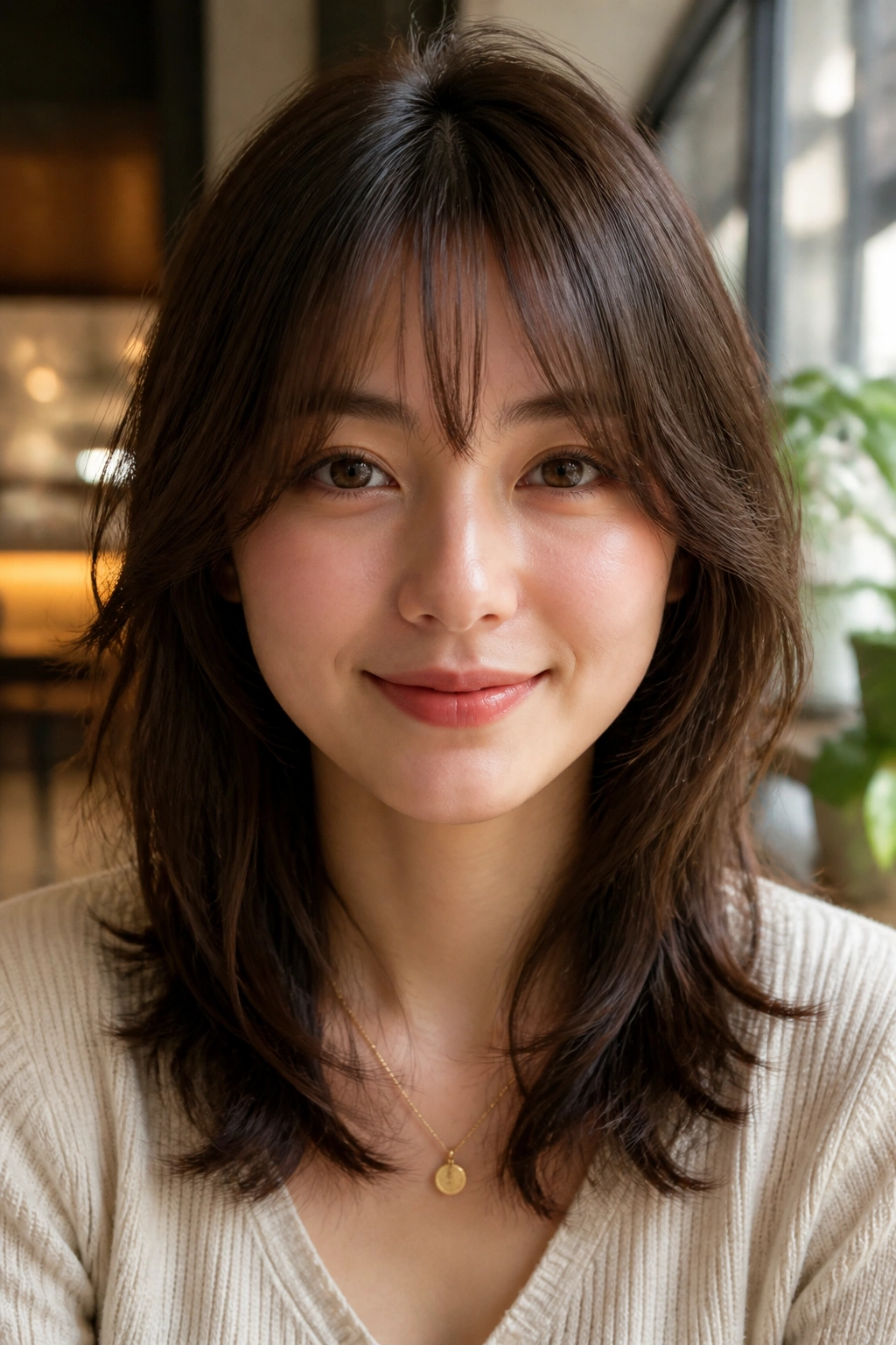 Close-up of a real woman with soft V-cut bangs