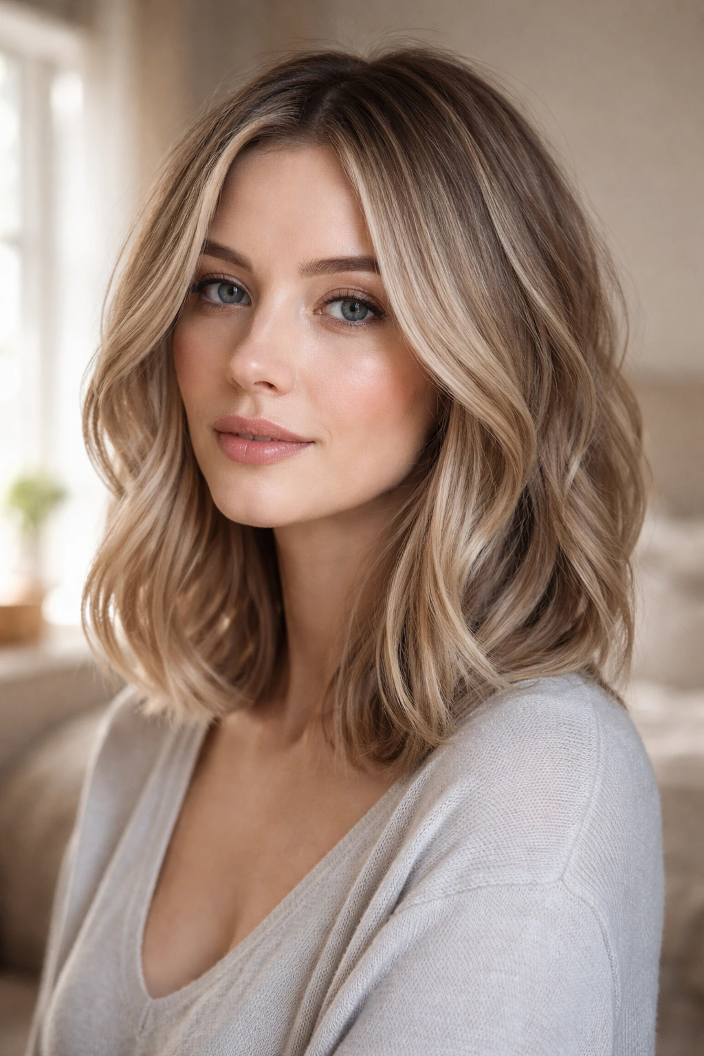Close-up of a woman with soft vanilla bronde on a lob in a sunlit bedroom