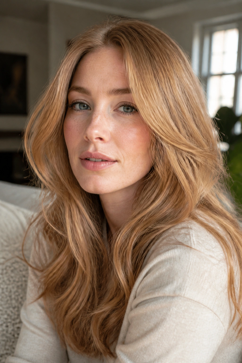 Close-up portrait of a real woman with soft Venetian blonde hair