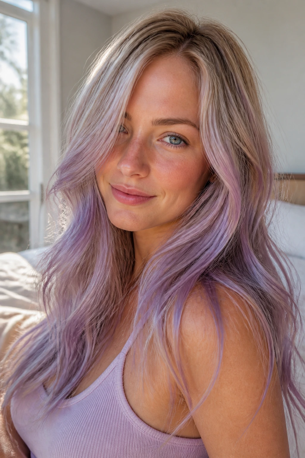 Close-up of a real person with soft violet on natural blonde hair