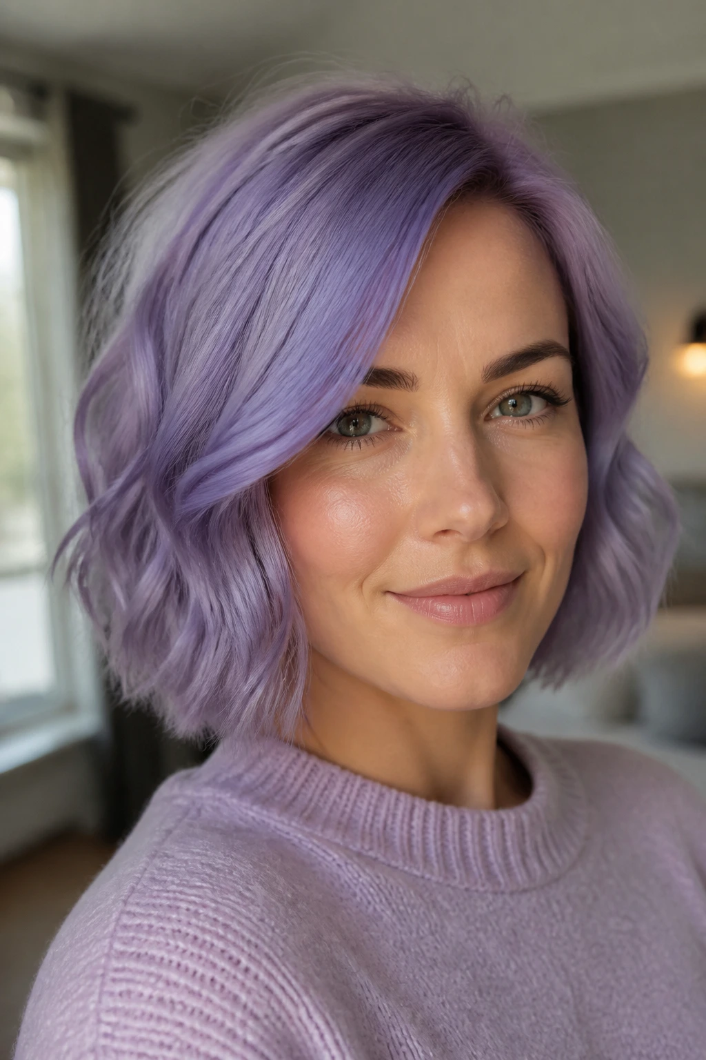 Close-up portrait of a real woman with a soft violet bob under natural window light