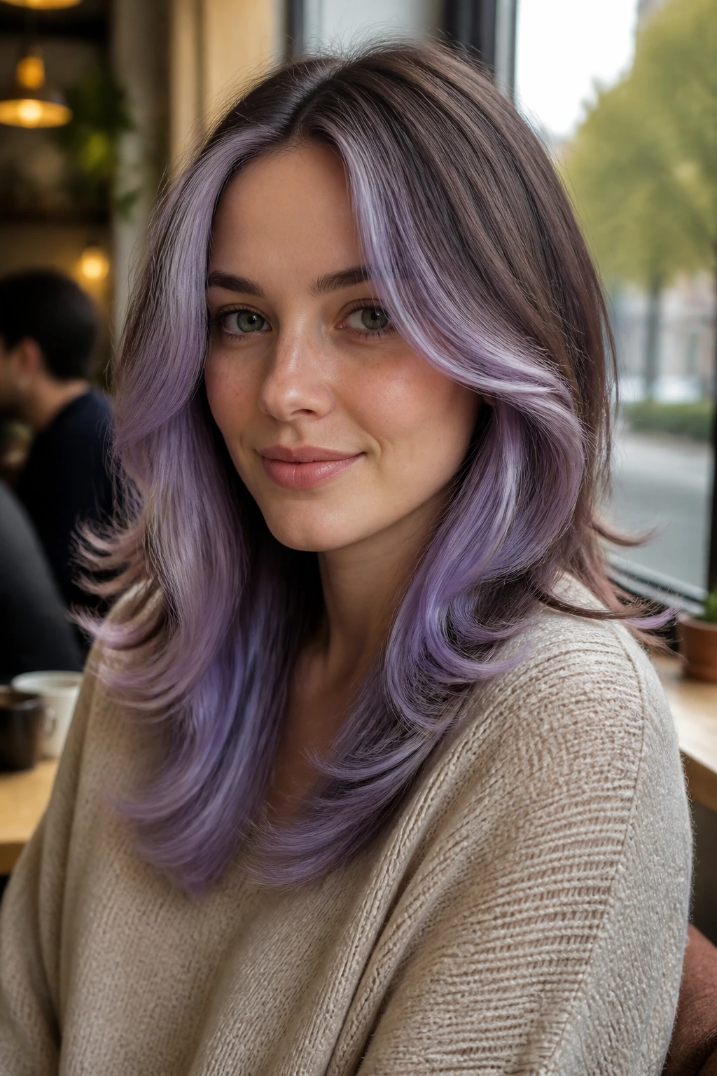 Close-up of a woman with lavender face-framing panels around cheeks