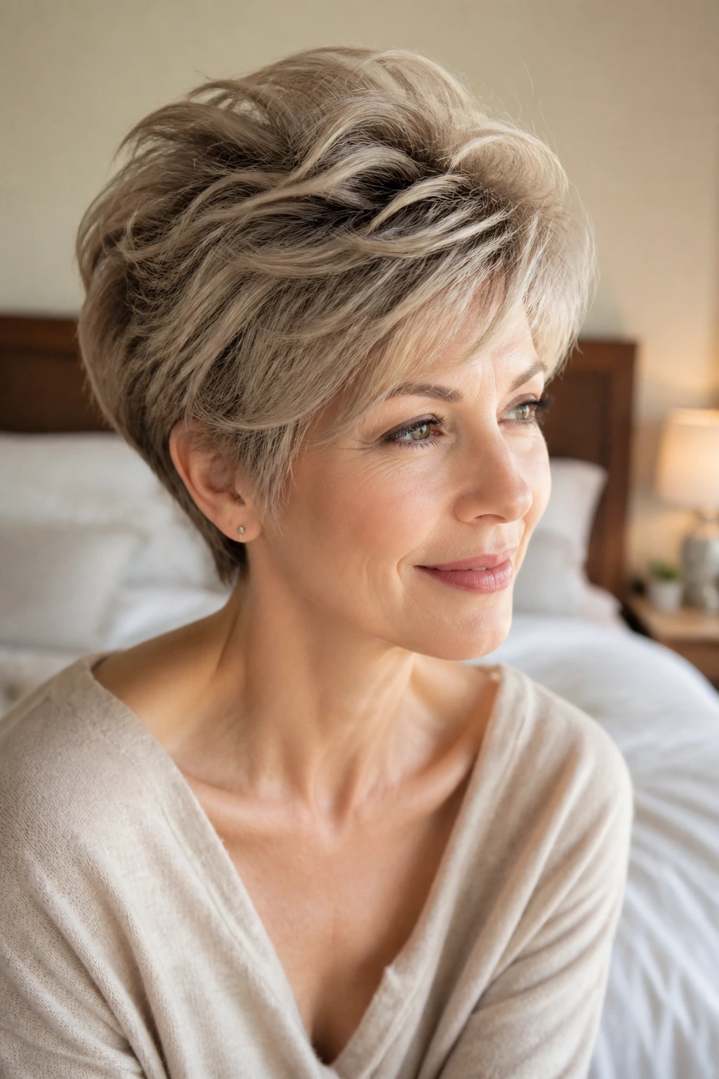 Close-up of a real woman with soft voluminous pixie and rounded silhouette.