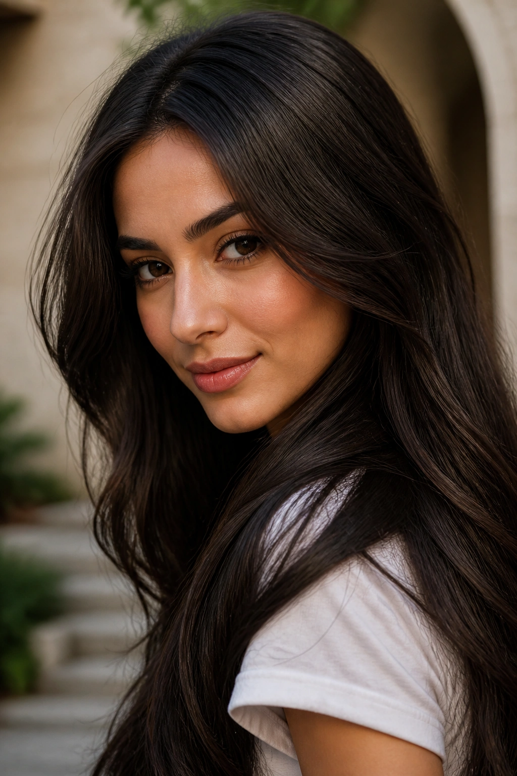 Close-up portrait of a woman with soft warm black hair brown undertone
