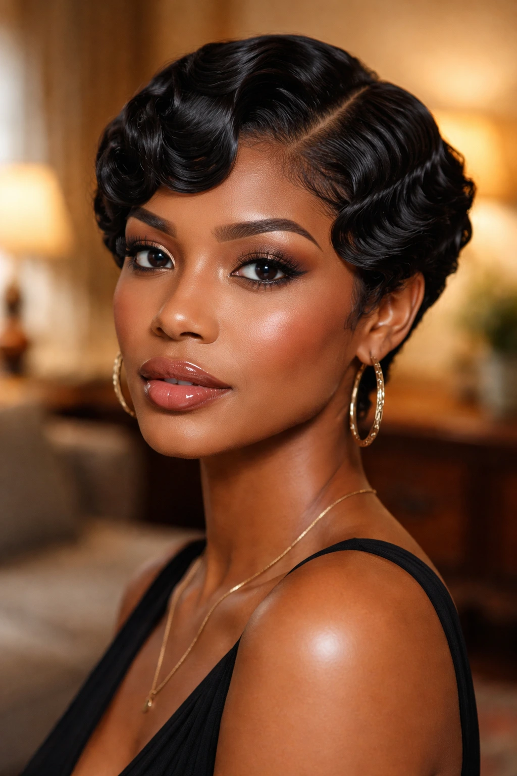Portrait of a real person with a soft wave crop, short textured bob near ears in vintage lighting