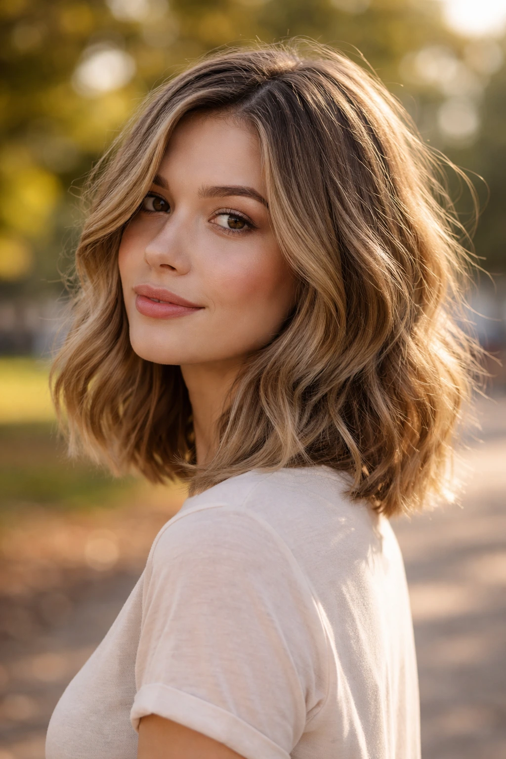 Three-quarter view of real woman with soft waves in lob hair