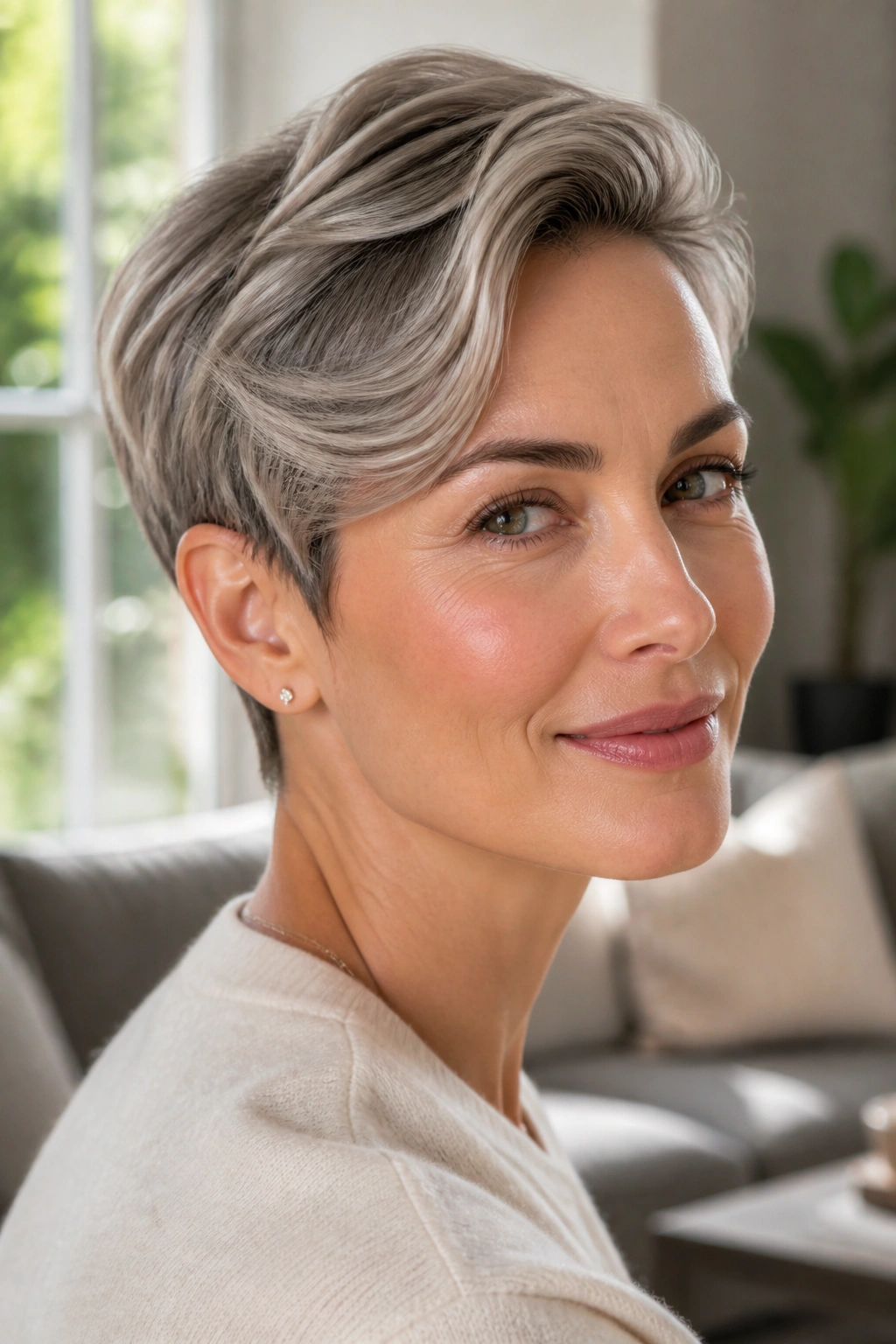 Close-up of a woman with a soft-waved sleek pixie in a bright living room