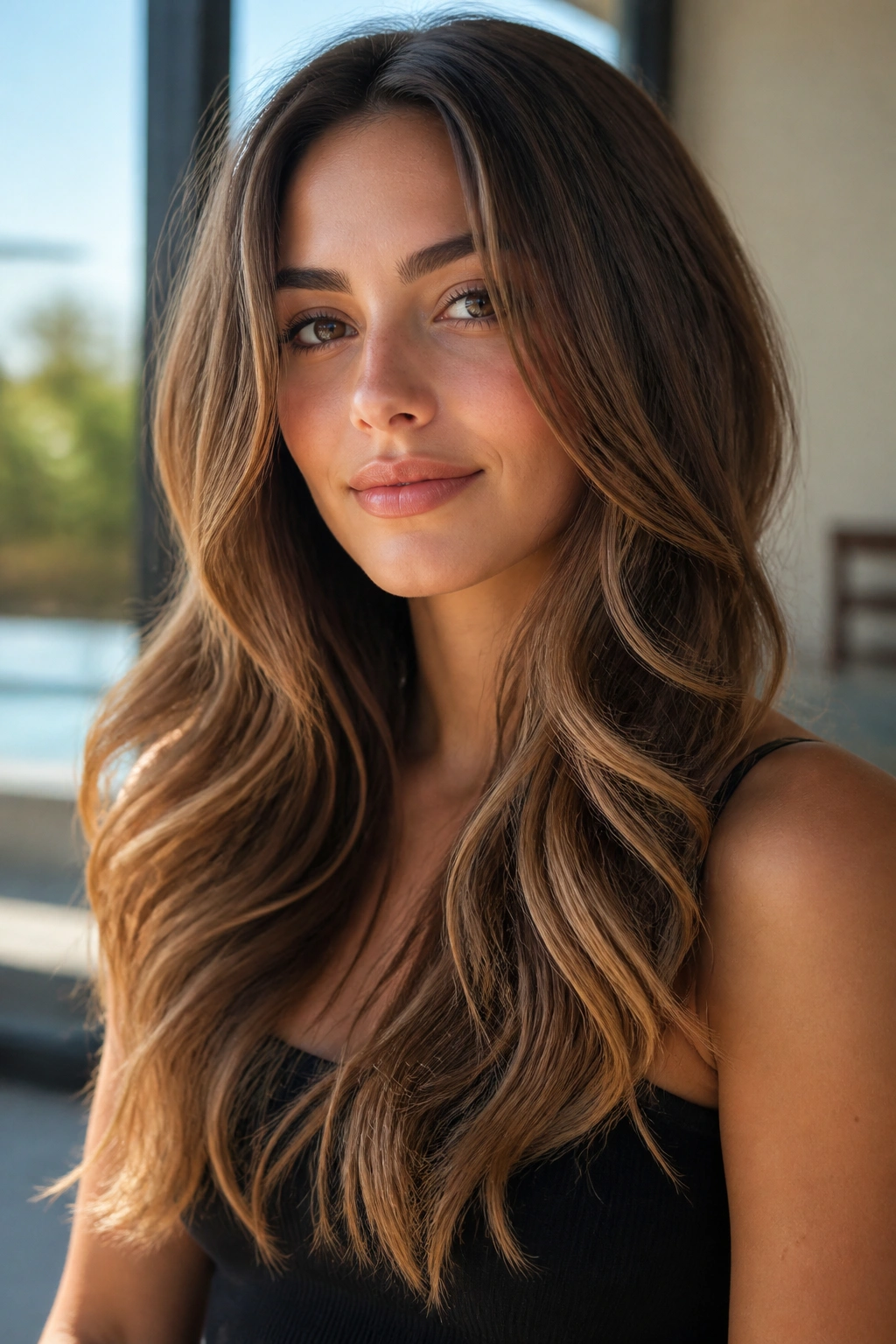 Portrait of a woman with long carved-out layers and soft waves