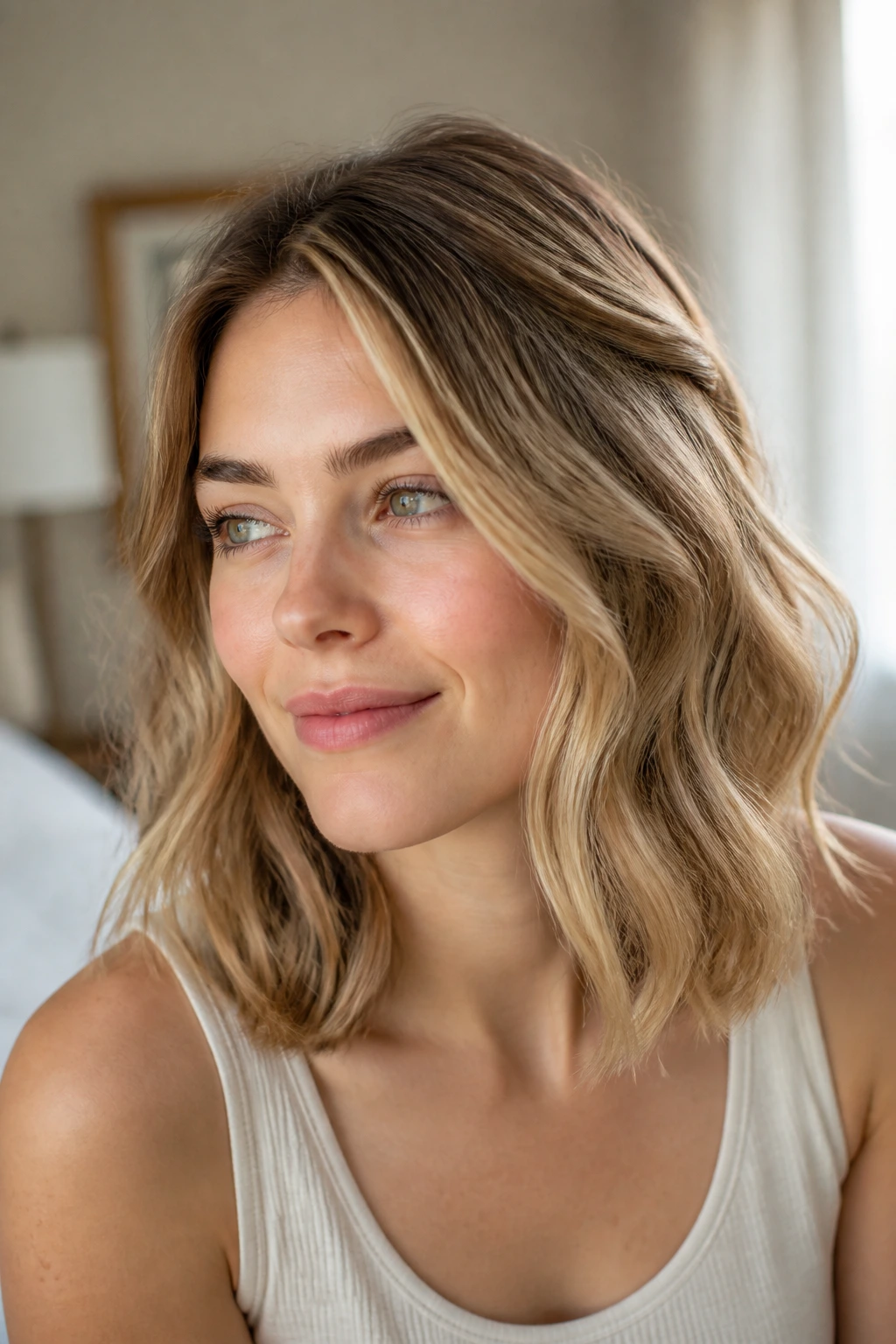 Close-up of a real woman with soft waves on fine medium-length hair in bright room