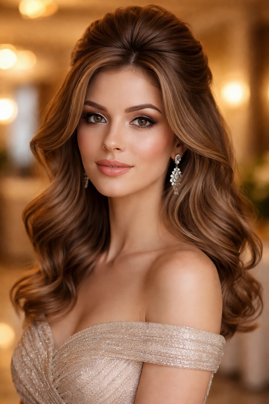 Close-up of a real woman with soft waves and high crown in warm venue light