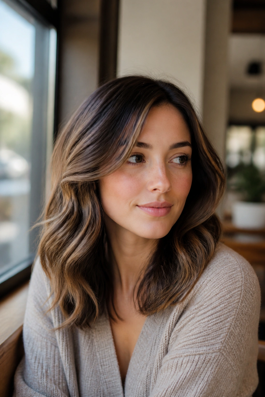 Close-up portrait of a real woman with loose everyday soft waves in a light-filled cafe setting