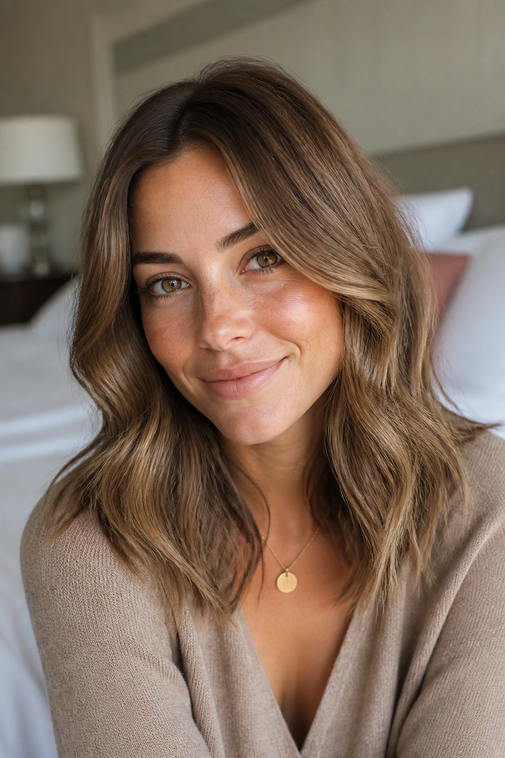 Close-up of a real woman with soft waves and subtle invisible layers in natural window light