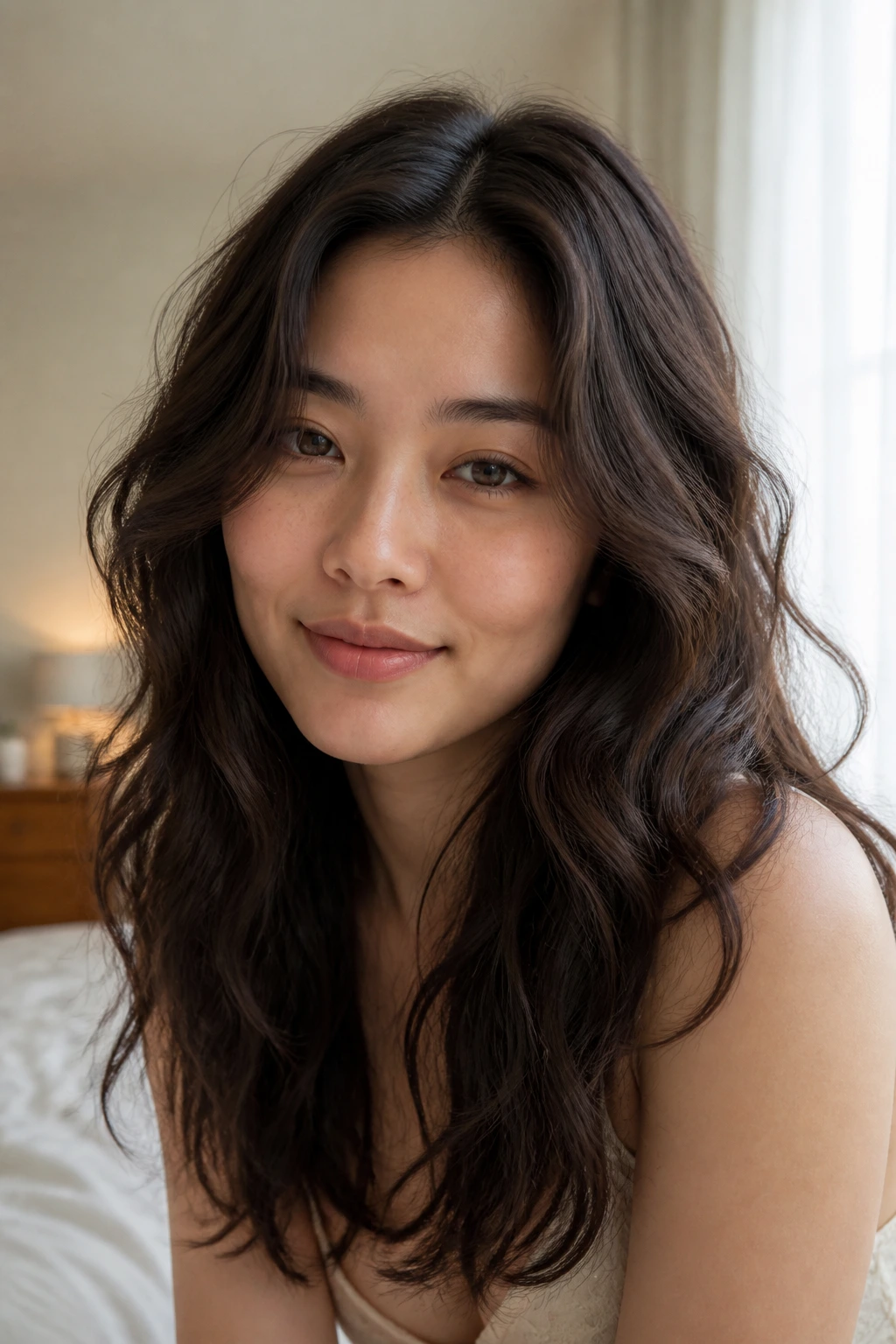 Close-up of a real woman with soft beachy waves and a middle part