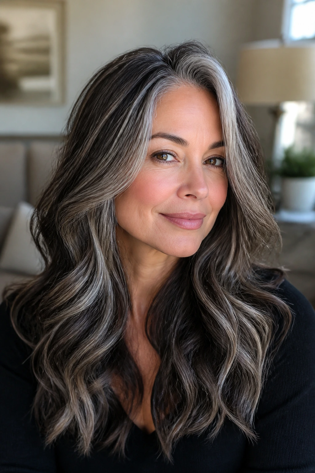 Close-up portrait of a woman with loose waves and salt-and-pepper balayage