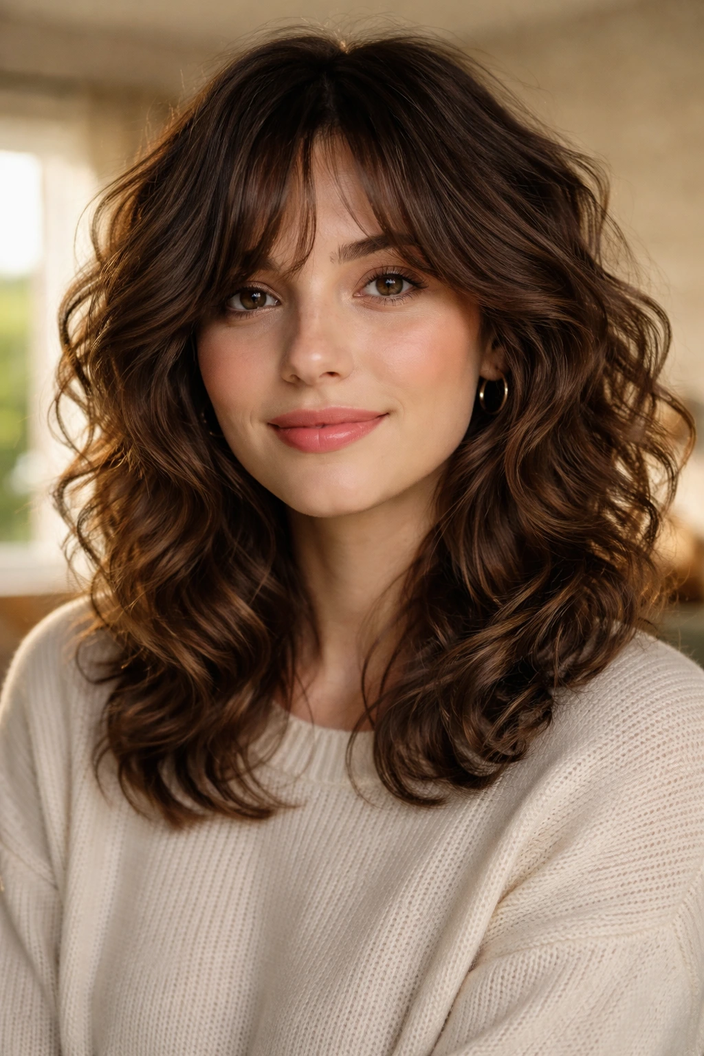 Close-up of a real person with soft waves shag showing subtle interior layering.