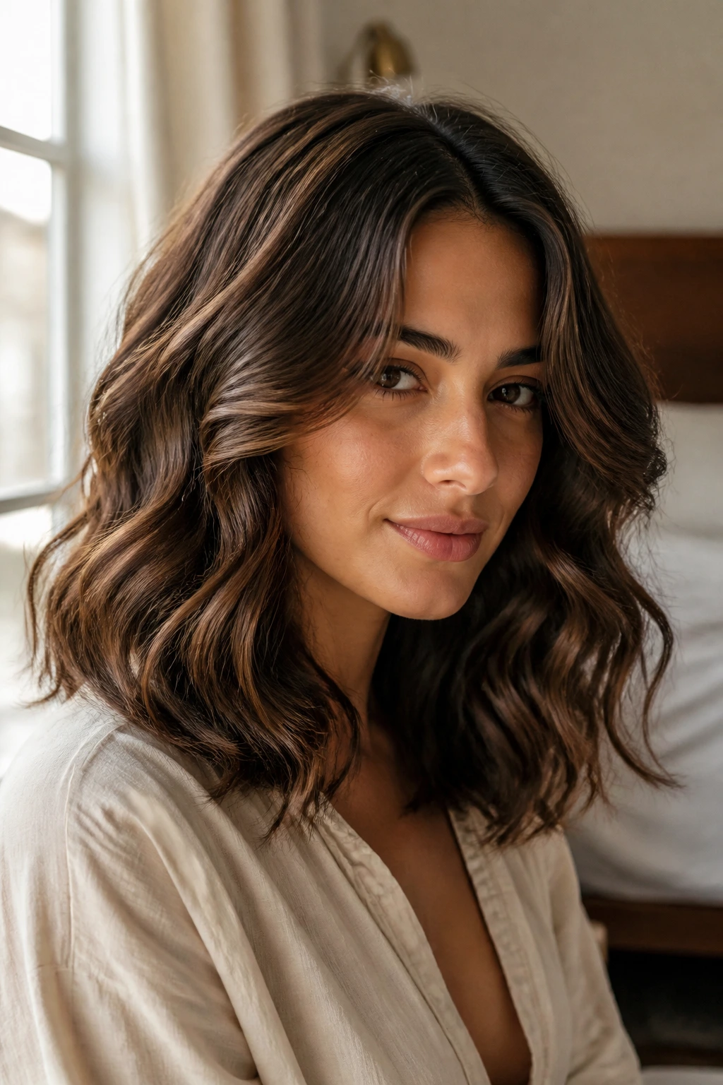 Close-up portrait of a real woman with soft waves in thick medium-length hair